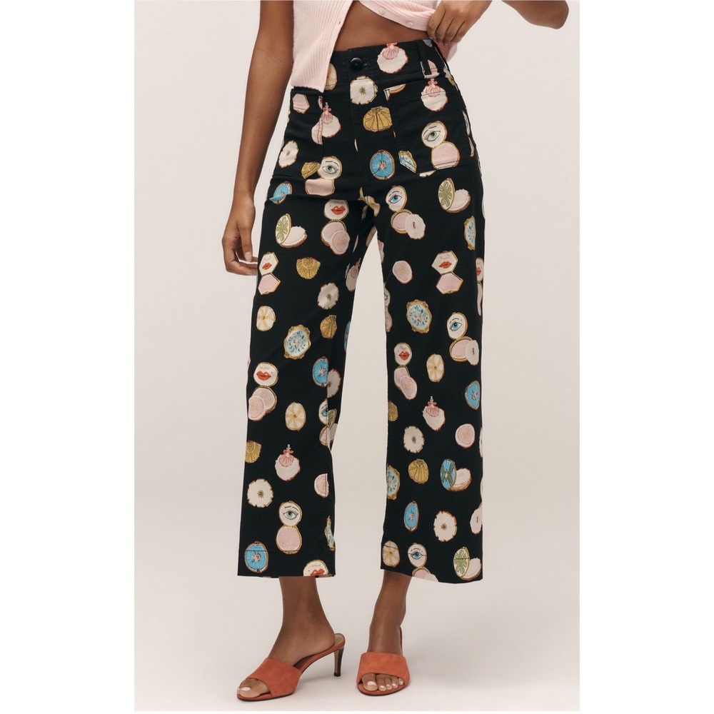 Maeve Black Wide-Leg Pants with Pink, Blue & Gold Print